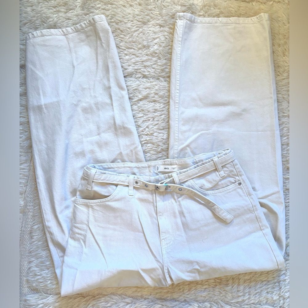 Mango Cream High-Rise Straight Jeans with Belt